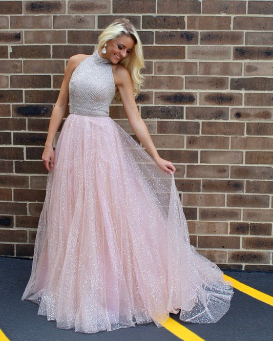 Blush Prom Dress,Sequins Pageant Dress,Halter Neckline Prom Gown  cg9024