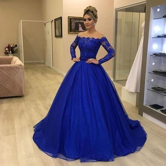 royal blue prom dresses 2020 long sleeve ball gown lace evening dresses   cg9036