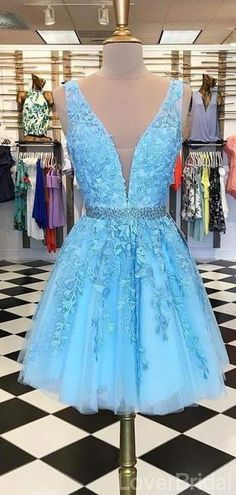 V Neck Blue Lace Short Cheap Homecoming Dresses  cg9038