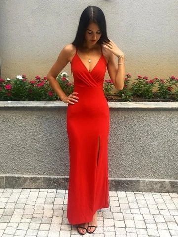V Neck Mermaid Floor Length Red Prom Dress  cg9042