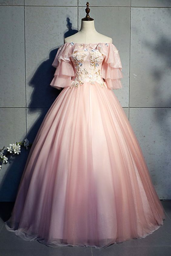 Pink Tulle Strapless Embroidery Long Pageant Prom Dress, Short Sleeve Quinceanera Dress  cg9043