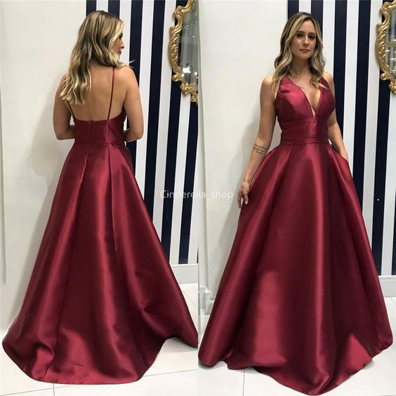 Modest Burgundy Evening Dresses 2020 Spaghetti V-Neck Backless A-Line Simple Formal Prom Gowns  cg9045