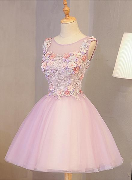 Cute Pink Round Neckline Tulle Party Dress with Flowers, Lovely Formal Dress Homecoming Dress  cg9063