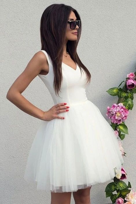Simple white tulle short party dress white homecoming dress  cg9073