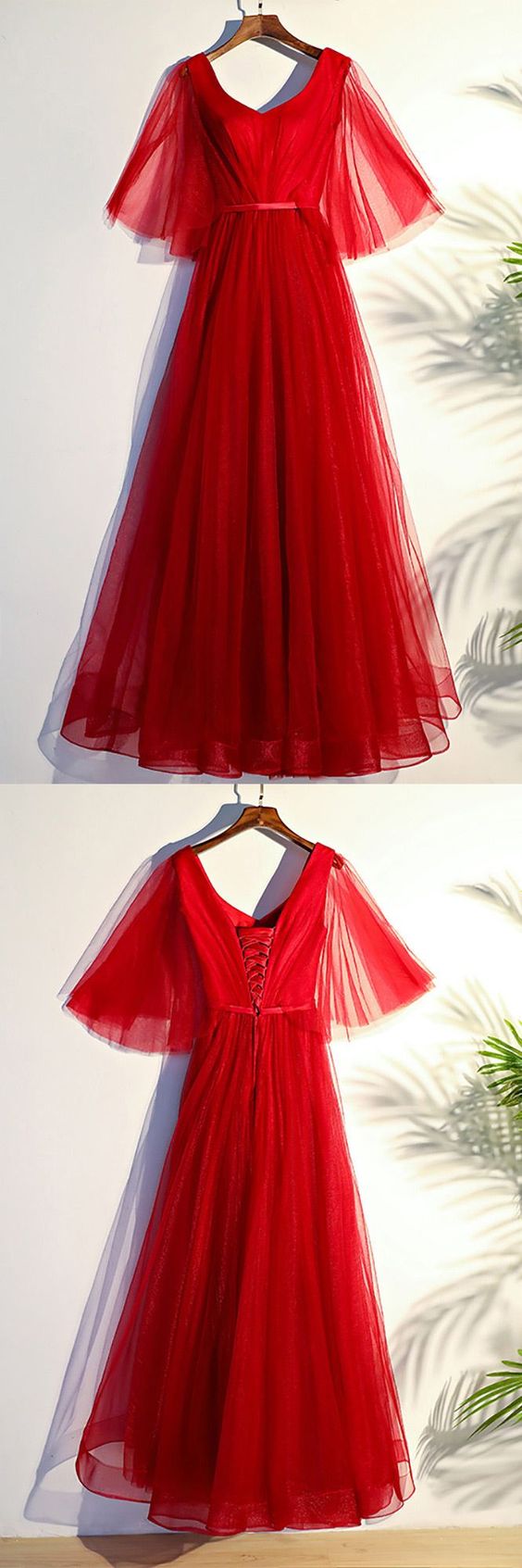 Cheap Prom Dresses Flowy Red Butterfly Sleeves Long Formal Party Dress   cg9088
