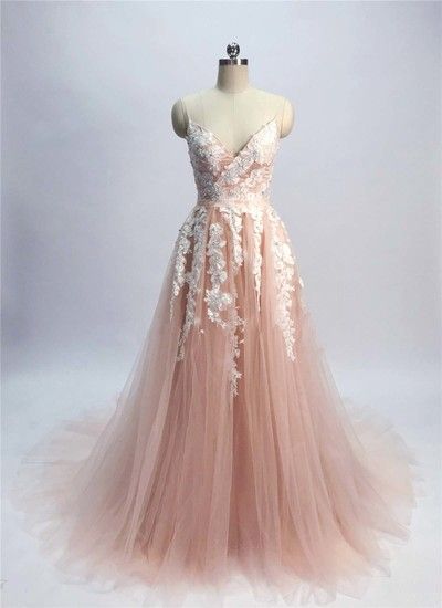 Champagne pink tulle spaghetti straps sexy long prom dress cg9095