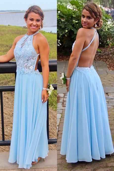 Charming Light Blue Backless Evening Dress, Sexy Lace Long Prom Dress, Girl Party Gown   cg9121