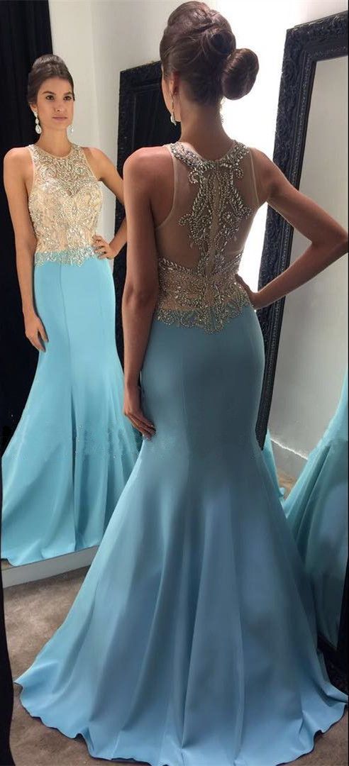 Light Blue Prom Dress, Beaded Evening Dress, Crystal Evening Dress  cg9123