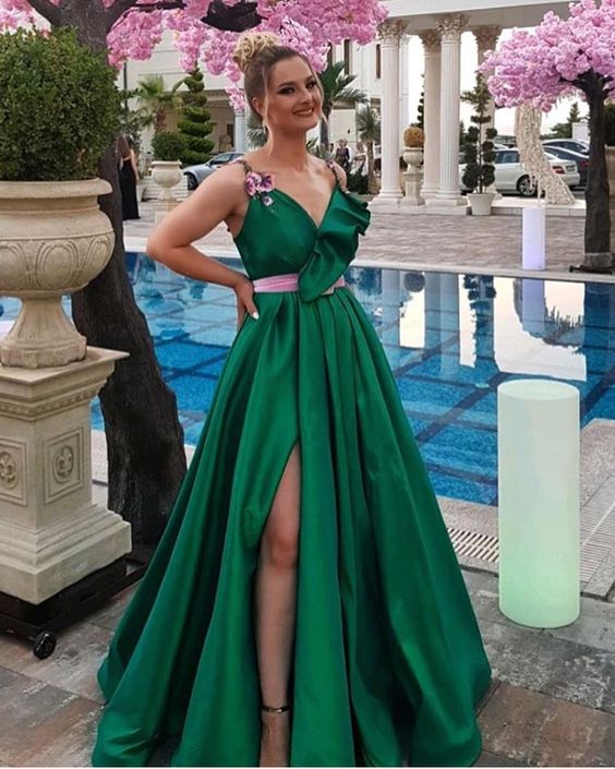 Green Prom Dress,Satin Prom Dress,V-Neck Prom Dresses,A-Line Prom Dress  cg9127