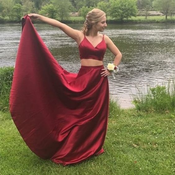 Red Prom Dress, Two Pieces Prom Gown, Satin Prom Dress, V-Neck Prom Gown  cg9130