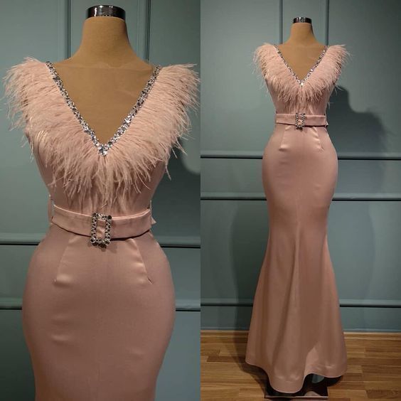 Pink Prom dress,Mermaid Prom Dress,Satin Evening dress,V-Neck Prom Gown  cg9131