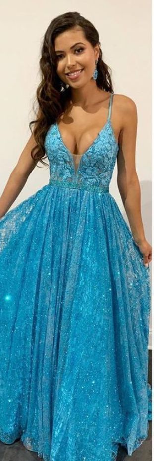 blue long formal dress with straps, 2020 prom dress long  cg9138