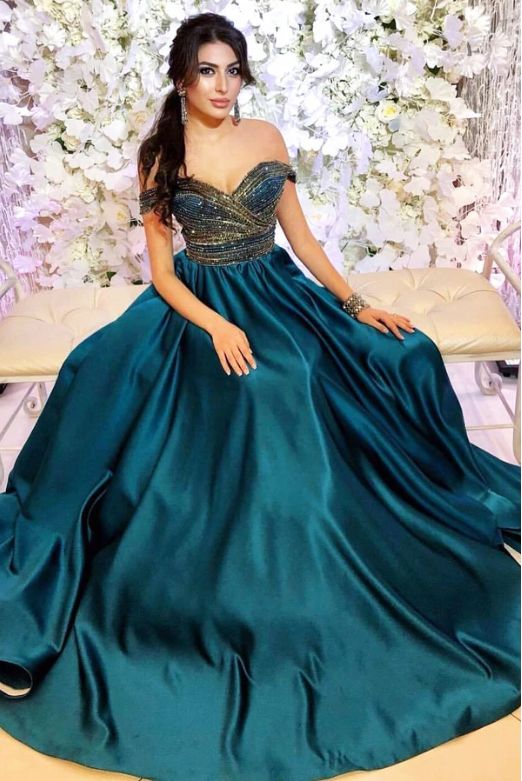 Off Shoulder Beaded Long Teal Prom Dress  cg9158