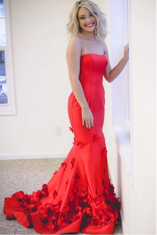 Strapless Mermaid Appliques Long Red Prom Dress  cg9160
