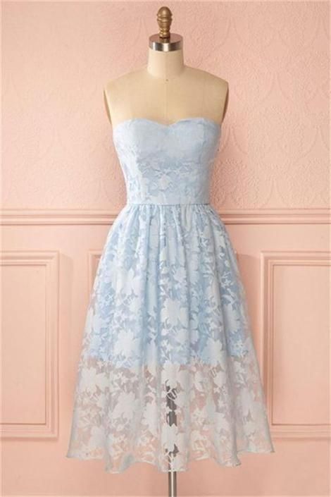 Tea Length Sky Blue Lace Sweetheart A-line Homecoming Dresses For Teens  cg9172