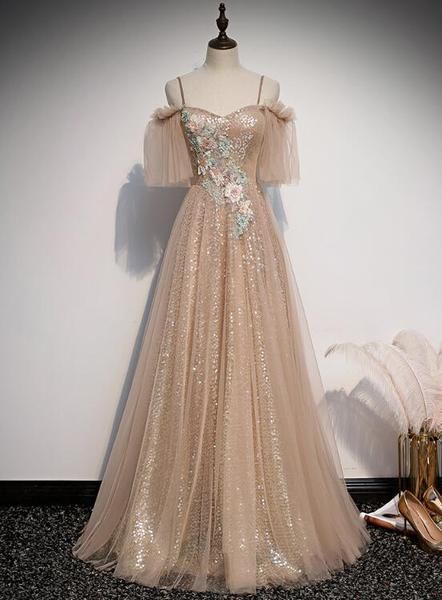 Charming Champagne Tulle and Sequins Long Party Dress, A-line Prom Dress  cg9200