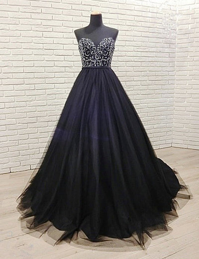 Black Tulle Sweetheart Neck Sequined Long Senior Prom Dress, Party Dress  cg9222