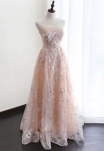 Pink Tulle Strapless Lace Long A Line Prom Dress, Evening Dress    cg9223