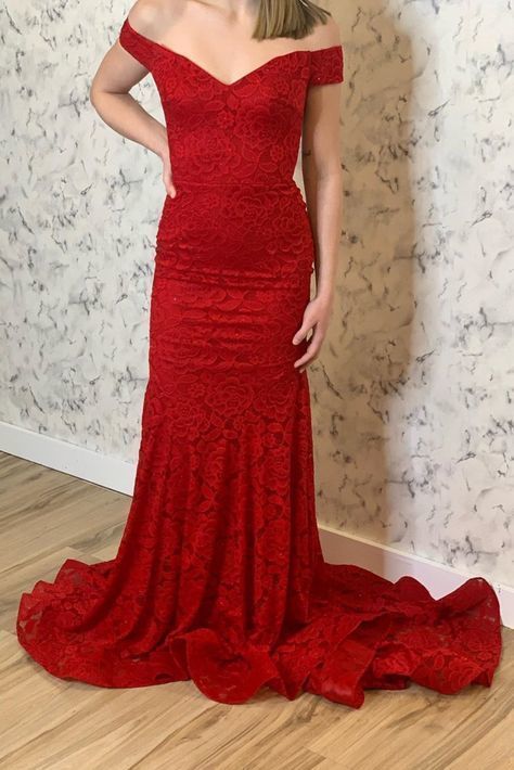 Charming Off the Shoulder Red Mermaid Lace Prom Dresses  cg9236