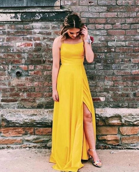 A Line Yellow Prom Dresses with Front Slit    cg9248