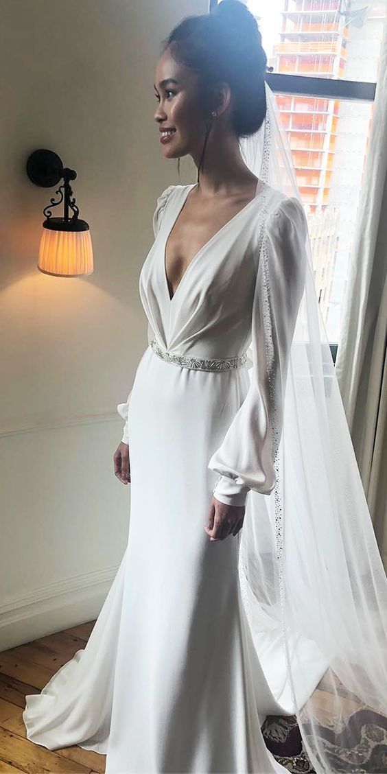 V Neck Long Prom Dress, Simple Wedding Dress   cg9261