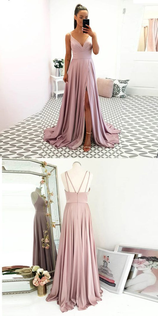Sexy V Neck Formal Gown For Juniors Pink Prom Dress High Slit Spaghetti Straps    cg9262