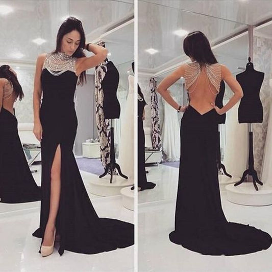 Black Open Back Mermaid Split Beaded Long Prom Dresses   cg9264