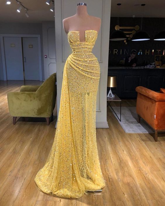 yellow evening dresses long high neck sparkly feather luxury bling evening gown formal dress Long Prom Dress    cg9270