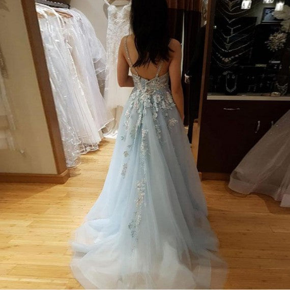 A Line Spaghetti Straps Light Blue Prom Dress With Beading Appliques   cg9271