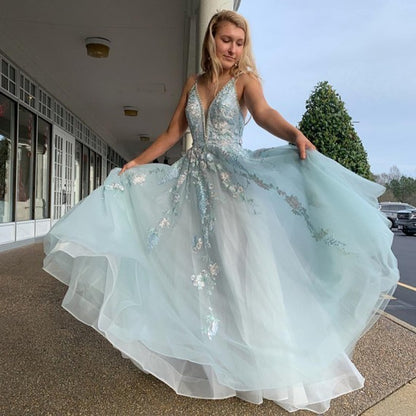 A Line Spaghetti Straps Light Blue Prom Dress With Beading Appliques   cg9271