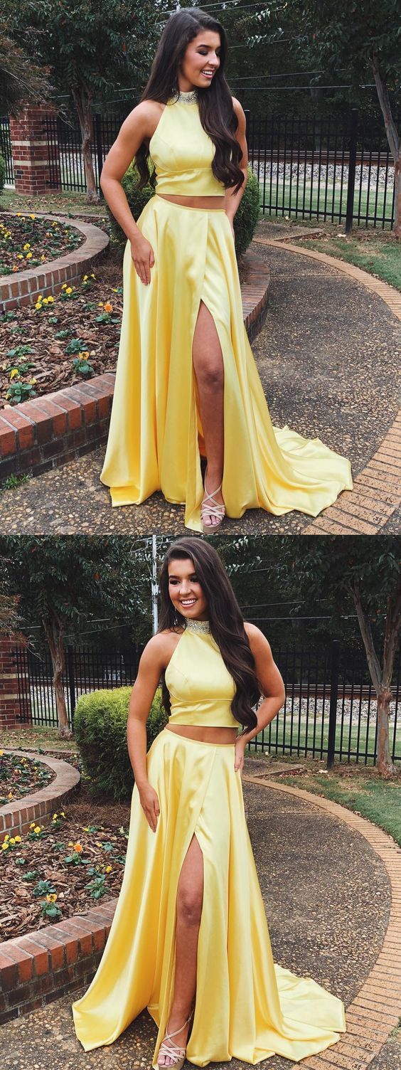 A Line High Neck Two Pieces Yellow Satin Long Prom Dresses with High Split, Yellow Formal Dresses, Evening Dresses  cg9276