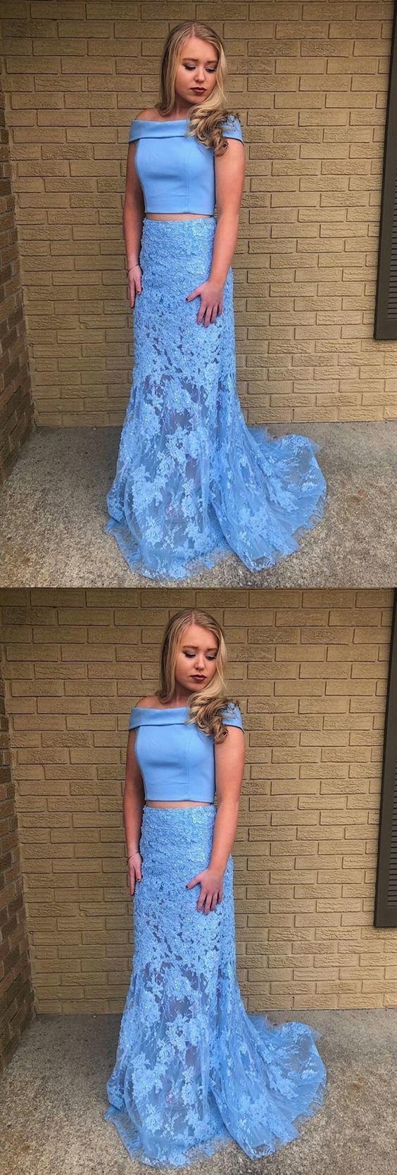 Off Shoulder Two Pieces Mermaid Lace Light Blue Long Prom Dresses with Train, Light Blue Lace Formal Dresses, Evening Dresses  cg9278