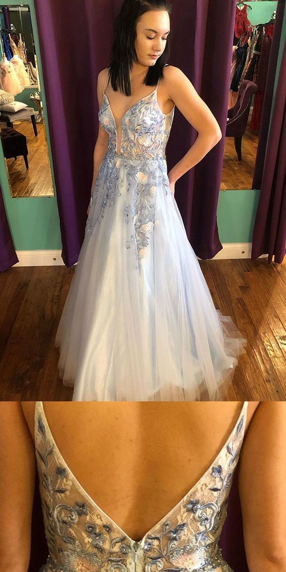 A-Line white and blue prom dress with floral embroidery  cg9279