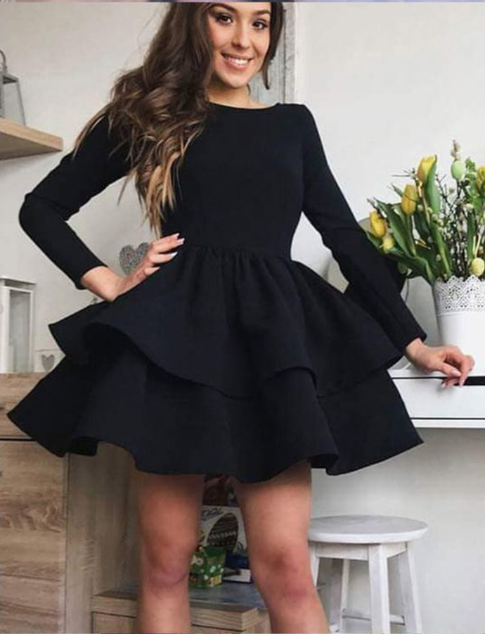 Simple Black Satin Layered Homecoming Dress with Long Sleeves cg929