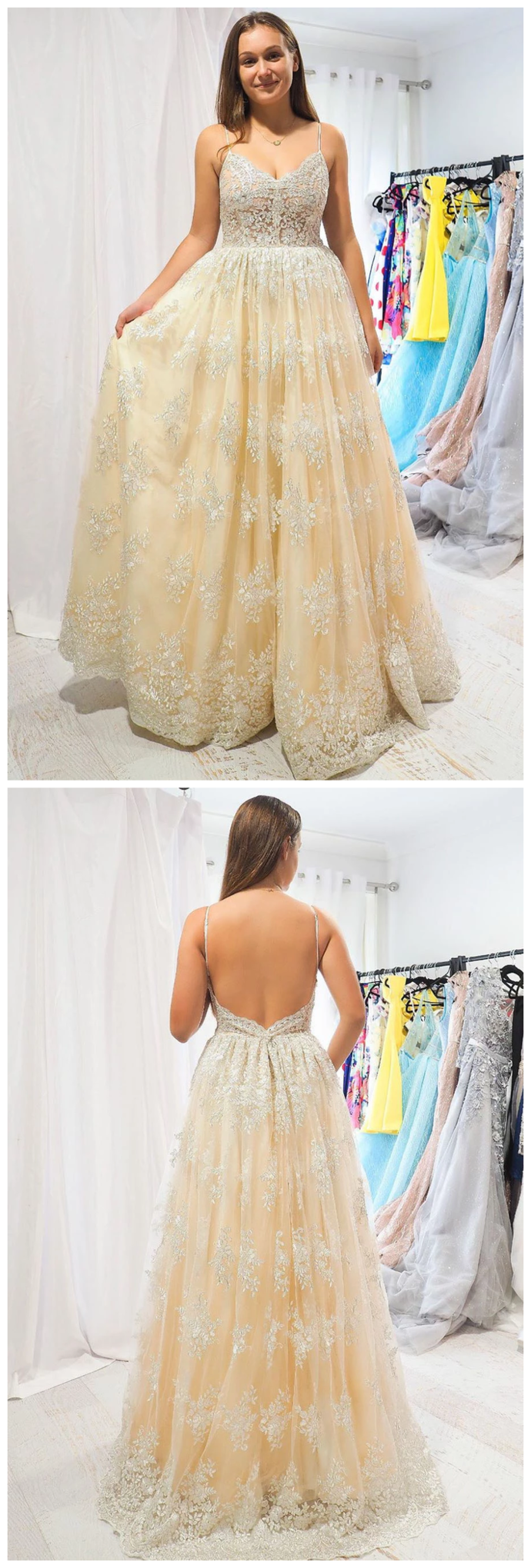 Elegant A-Line Straps Champagne Long Lace Prom Dress with Open Back   cg9291