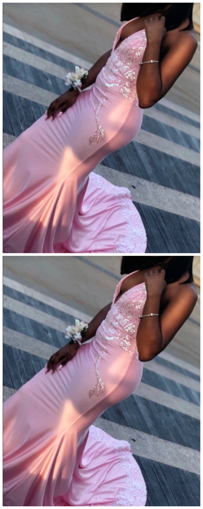 Unique Pink Halter Lace Sequin Satin Prom Dresses   cg9294