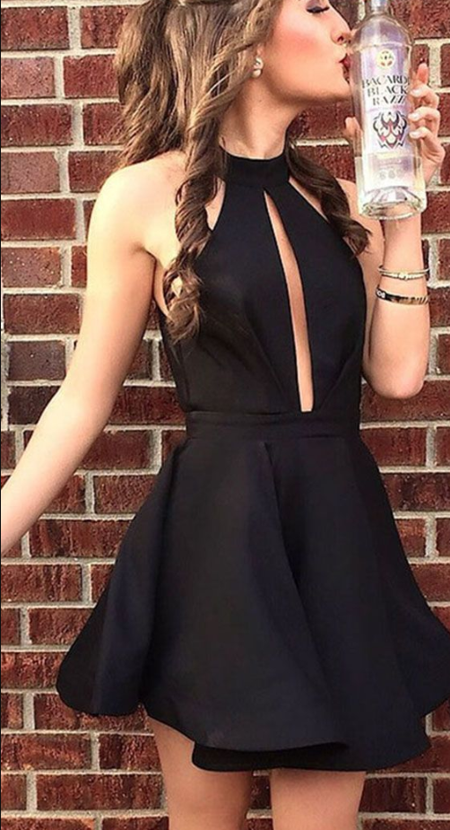 Chic Black Satin Sleeveless A line Knee Length Homecoming Dress cg930