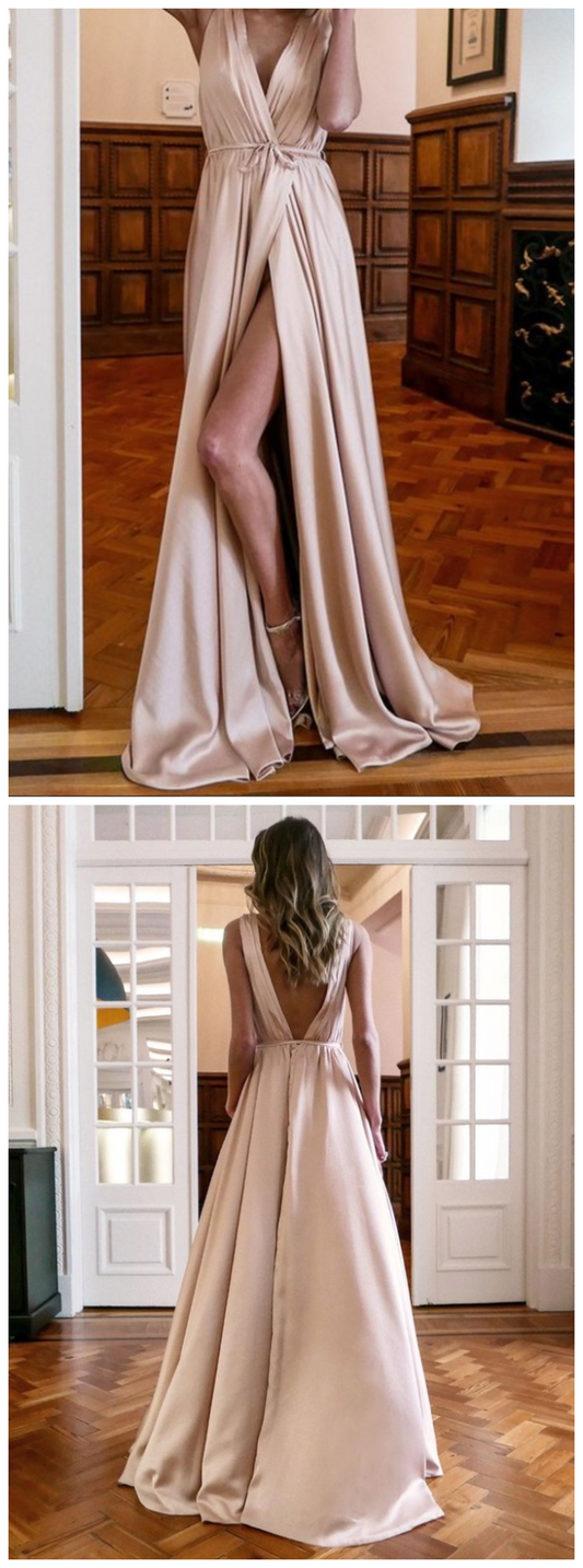 Simple A-line Sleeveless V-neck Slit Backless Prom Dresses   cg9301