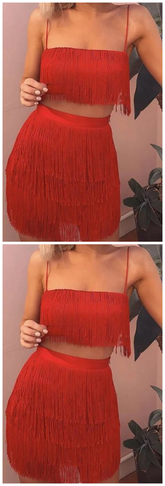 Sleeveless Spaghetti Strap Fringe Crop Top Bodycon Two Piece Mini Homecoming Dress    cg9312