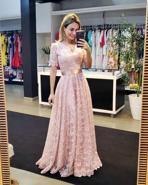 pink v neck short sleeves long prom dres with lace    cg9317