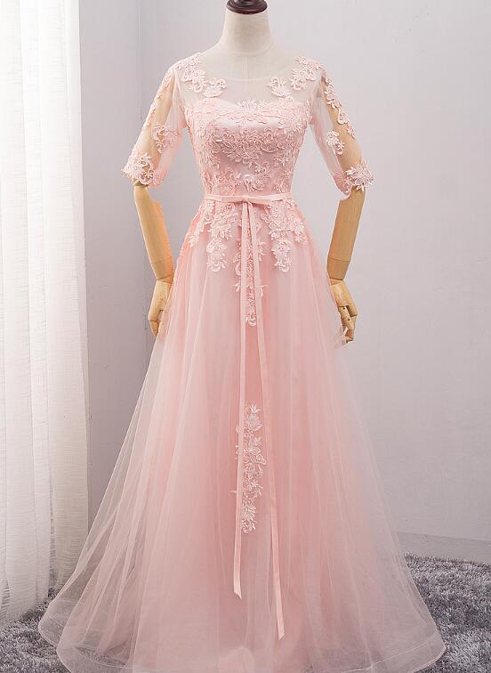 Pink Tulle Short Sleeves Long Bridesmaid Dress, Pink Evening prom Gown  cg9323