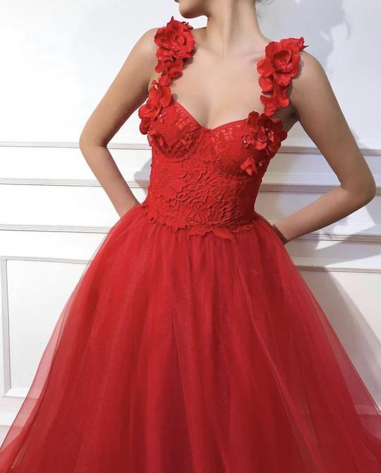 Red Tulle dress fabric Handmade corset with TMD embroidered flowers prom dress  cg9329