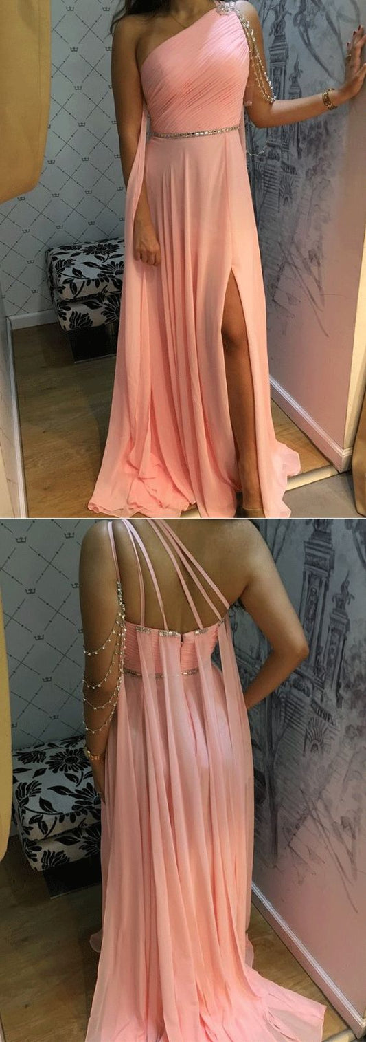 One Shoulder Chiffon Evening Dress, Sexy Pink Side Slit Prom Party Dress   cg9341