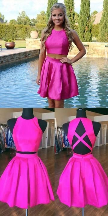 Two Piece A-Line Jewel Open Back Satin Short Homecoming Dress With Pleats  cg9342