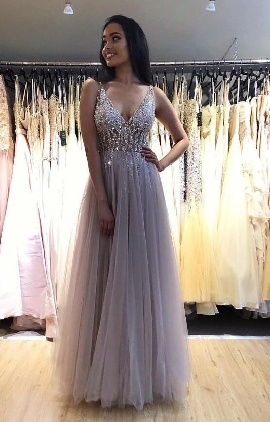 V-neck Long Prom Dress with Beading,Fashion School Dance Dress,Winter Formal Dress  cg9343