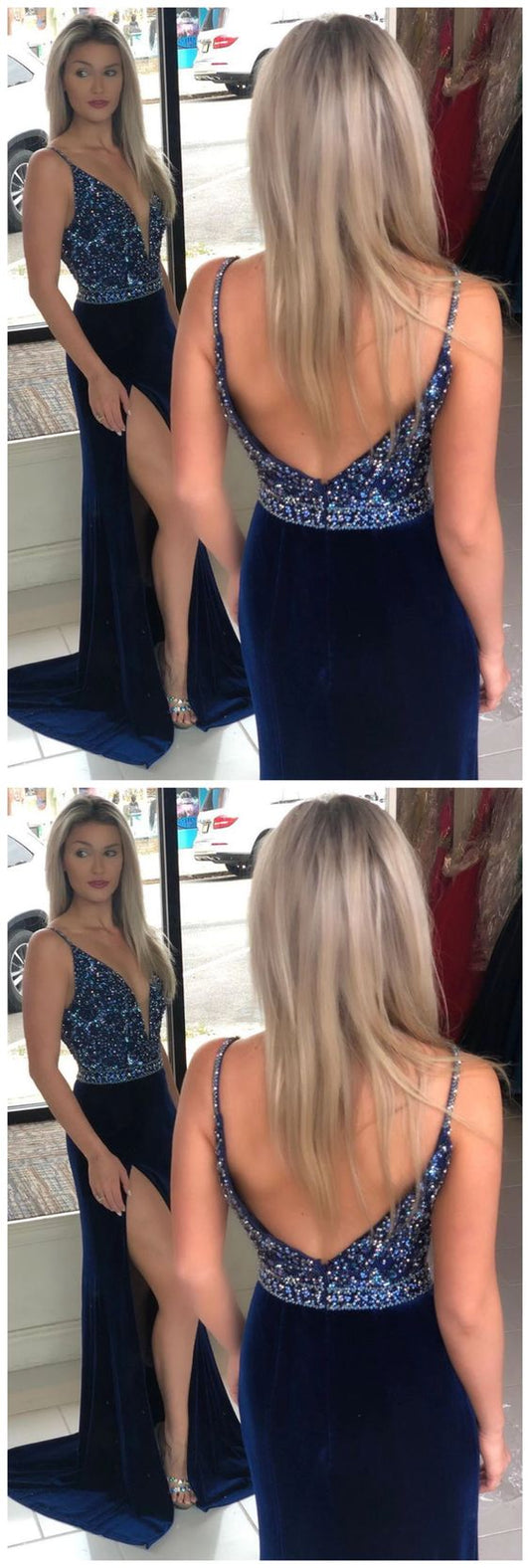 Gorgeous V Neck Sheath Navy Blue Beaded Long Prom Dress with Straps and Slit  cg9350