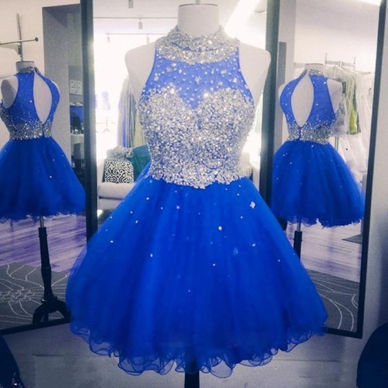 Elegant Beaded Tulle Royal Blue Short Homecoming Dress  cg9353