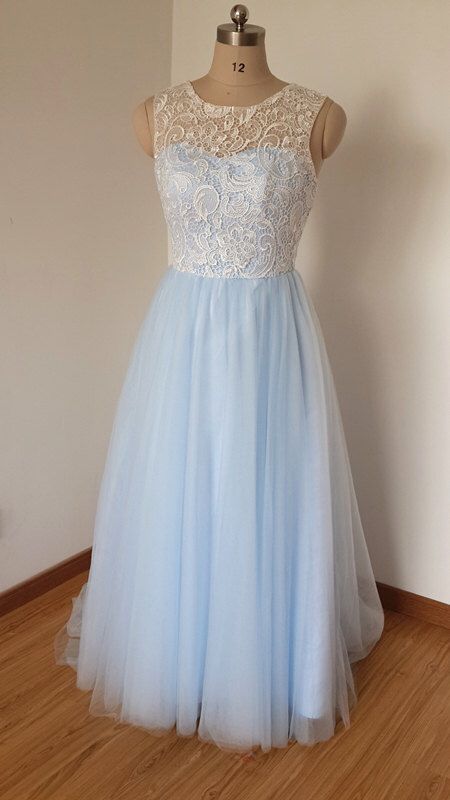 Scoop Sweetheart Ivory Lace Light Sky Blue Tulle Long Prom Dress with Back Buttons  cg9356