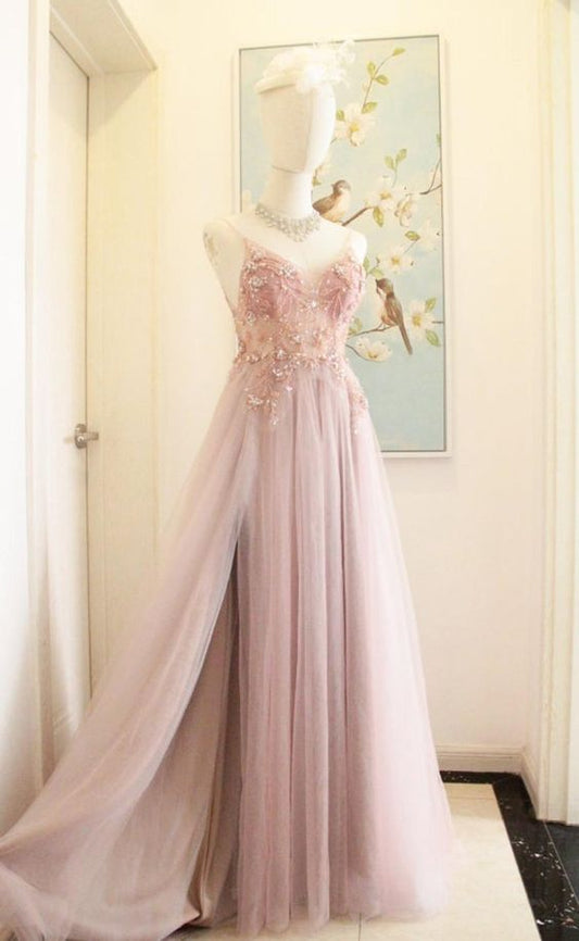 Tulle Pink Prom Dress With Slit Tulle Spaghetti Strap Jewelry Tulle Prom/Evening Dress  cg9367