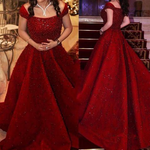 sparkly prom dress ball gown beaded lace appliqué boat neck Burgundy elegant prom gowns  cg9371